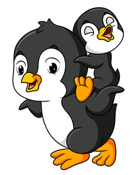 The big penguin is lifting the baby penguin