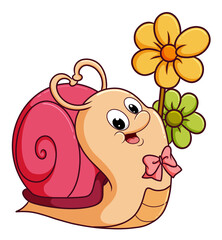 The happy girly snail is posing near the colorful flower