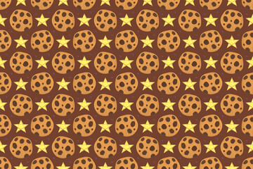Winter holiday hand drawn pattern, background, banner. Merry Christmas and Happy New Year. Chocolate cookies with star. Wrapping paper, packaging design.