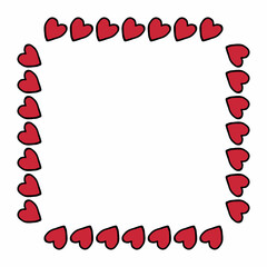 Square frame with cute red hearts on white background. Vector image.