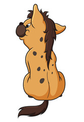 The hyena is posing with its back while sitting