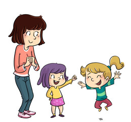Illustration of mother and her happy daughters