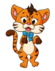 The girly tiger is standing and wearing a ribbon