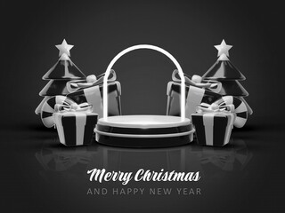 Merry christmas and happy new year with 3d empty podium and christmas ornaments background
