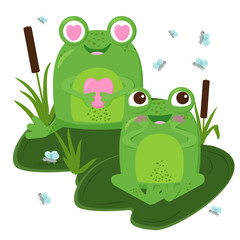 Couple of funny green frogs in love sitting.