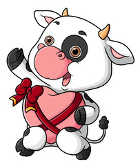 The cute cow is performing and holding a big heart love