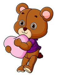 The teddy bear is holding and hugging the heart love