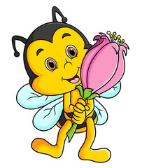 The happy bee is holding a flower and smiling