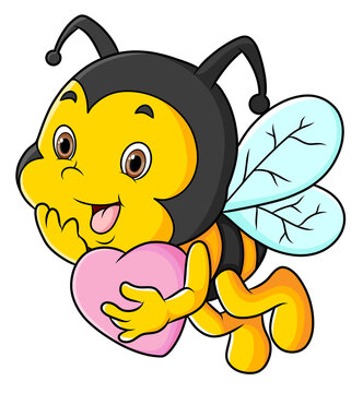 The cute bee is flying while holding a heart love doll