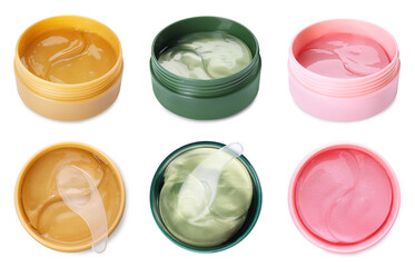 Set with different under eye patches on white background