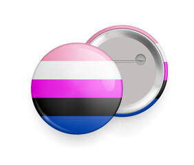Genderfluid flag round glossy metallic 3d badge mockup. Lgbtq flag, official symbol of genderfluid community. Front and back side of pin button realistic vector illustration