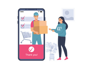 Concept for an online store. The courier gives the order to the client via a smartphone. Vector illustration.
