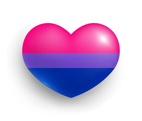 Bisexual pride flag of heart shape glossy badge. Lgbt rights flag, official symbol of the community realistic vector illustration. Pride, freedom, peace, love, equality 3d button