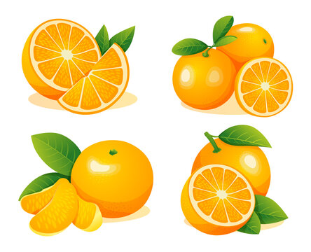 Collection of fresh whole, half and cut slice orange fruits isolated on a white background