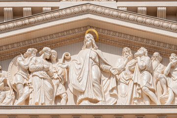 View of bas relief sculptures of Biblical scene at the main portal of Evangelical church Saint...