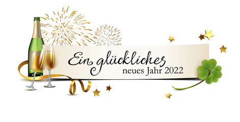 Fototapeta Neues Jahr Glückwunsch Banner mit Sekt, Feuerwerk, Kleeblatt und Schleife obraz