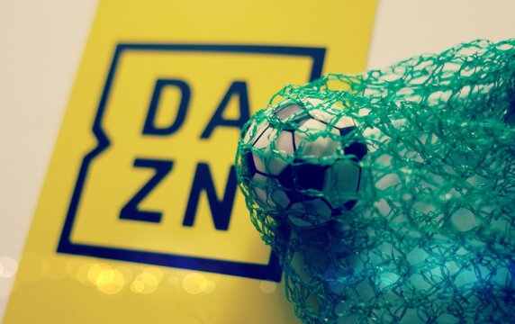 Florence, Italy , December 12th 2021, Dazn logo with a soccer ball concept of sport pay per view .