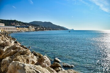 coast of mediterranean sea, photo as a background , in Finale Ligure sea village north italy