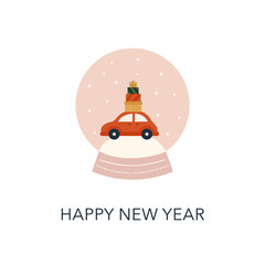 Vector illustration of cartoon red car with lots of luggage on the top.