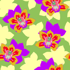 Orchid floral botanical seamless pattern. Bright colors. Hand drawn vector illustration. Texture for print, fabric, textile, wallpaper.