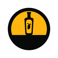 Olive oil bottle, black and yellow colors, round sign for design on a white background, vector illustration