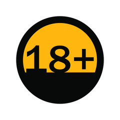 18 +, black and yellow colors, round sign for design on a white background, vector illustration