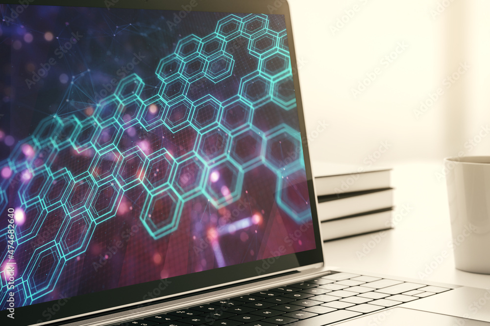 Leinwandbilder creative abstract wireless technology hologram with hexagon on modern computer monitor, artificial i