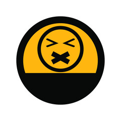 Round face with sealed mouth, black and yellow colors, round sign for design on a white background, vector illustration