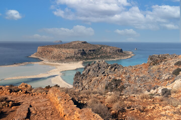 The stunning remote beach and lagoon of Balos, Gramvousa peninsula, Western tip of Crete, Greece