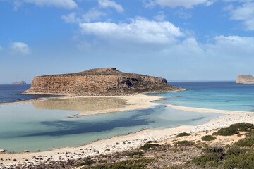 The stunning remote beach and lagoon of Balos, Gramvousa peninsula, Western tip of Crete, Greece