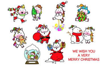 Unicorn with Christmas costume sets poster for preschool children. Colourful poster for kids. Unicorn and Christmas collection set.