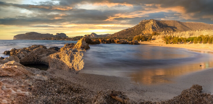 View of Phalasarna (Falasarna) beach the west end of the island of Crete, Greece.