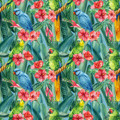 Watercolor tropical seamless pattern with parrots and hibiscus flowers. birds and jungle palm leaves. Floral design