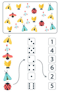 Math educational game for kids. Math worksheet for children with colorful insects, butterflies, beetles, flowers. Vector, cartoon style.