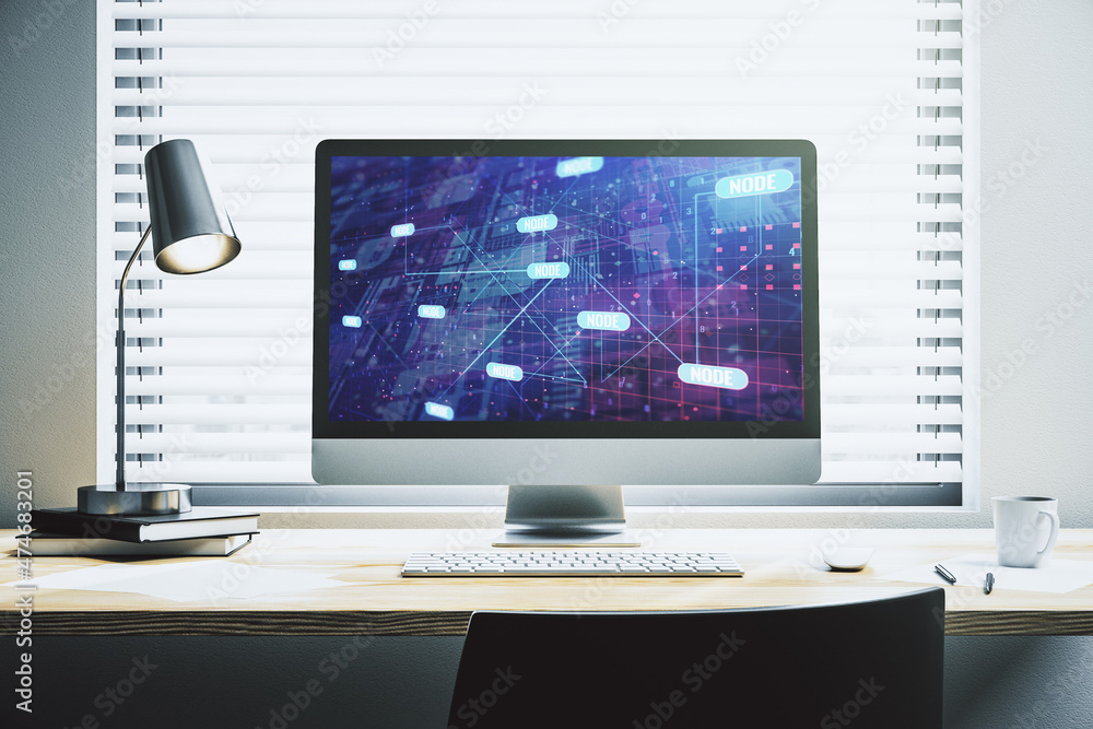 Poster modern computer display with abstract software development hologram, research and analytics concept.