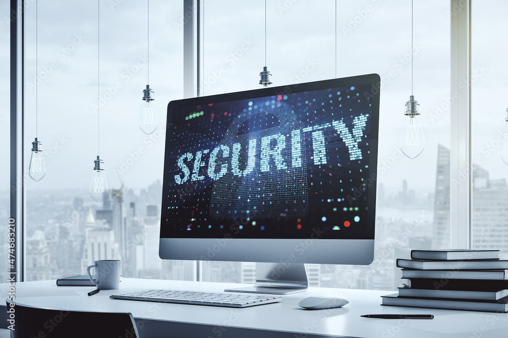 Poster Cyber security creative concept on modern laptop monitor. 3D Rendering