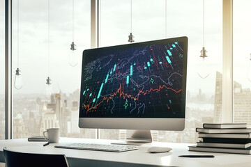 Modern computer monitor with abstract creative financial chart with world map, research and strategy concept. 3D Rendering