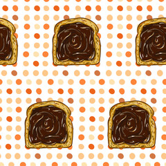Chocolate paste toast vector pattern on the dotted pattern. Morning chocolate spread on the slice of bread. Cartoon style, bright wallpaper. Wrapping paper. Breakfast pattern. Orange, brown dots, spot
