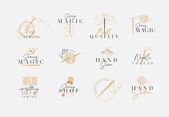 Sewing and knitting labels with lettering drawing in a classic sophisticated style beige color