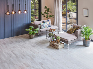 Modern room sofa and empty parquet floor for carpet design, home background, lamp frame, garden view outdoor house concept interior style.