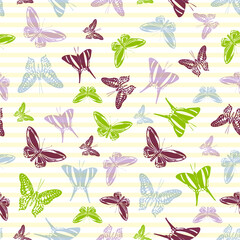 Flying butterfly silhouettes over striped background vector seamless pattern.