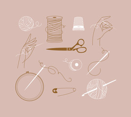 Sewing symbols thread, needle, scissors, pin, thimble, knitting, hand, spool, bobbin, tambour, crochet, hook in a classic sophisticated style peach color