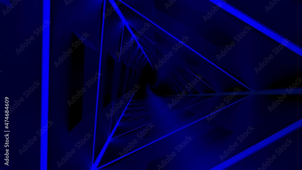 Poster Abstract flight through triangular dar blue tunnel with following lines, seamless loop. Design. Endless corridor with silhouettes of triangles.