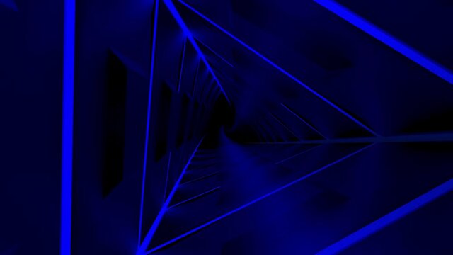 Abstract flight through triangular dar blue tunnel with following lines, seamless loop. Design. Endless corridor with silhouettes of triangles.