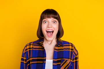Portrait of attractive cheerful amazed girl good news reaction shopping discount isolated over...