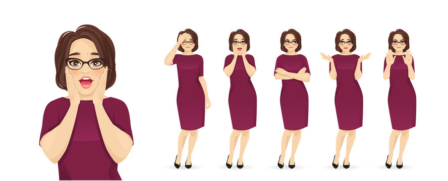 Elegant mature business woman showing negative emotions with different gestures set. Frightened, sad, angry, upset, refused isolated vector ilustration.