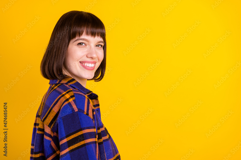 Poster Profile side view portrait of attractive cheerful girl good mood copy space ad advert isolated over bright yellow color background