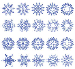 Snowflakes collection. Winter paper cut design elements. Set of blue crystal flake silhouette icon isolated on white background. Jpeg illustration
