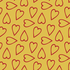Seamless pattern with red hearts on yellow background. Vector image.