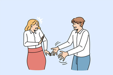 Personal distance and boundaries concept. Smiling positive man worker standing trying to touch female colleague with stressed face and pushing him hands vector illustration  - obrazy, fototapety, plakaty